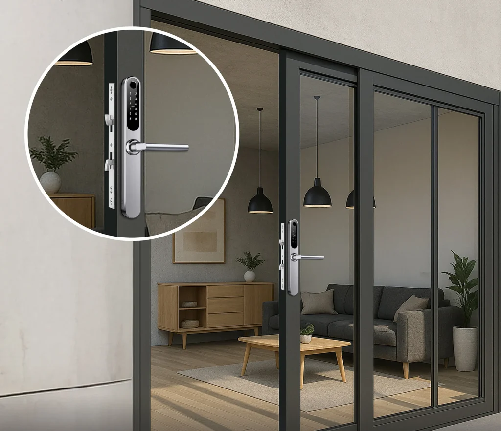 Doors Windows – Elegant Teak Finish Doors with Biometric Lock Windows e1770029845841